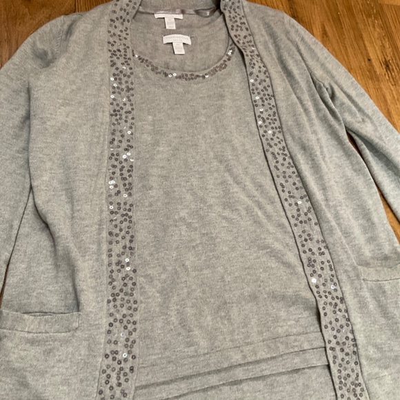 Charter club light gray open cardigan and sweater tank sweater set with sequins - Picture 4 of 13